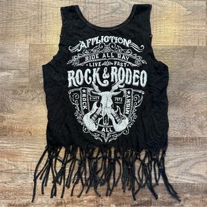 Affliction “Rock and Rodeo” Distressed Black Rhinestone Fringe Tank Top Small
